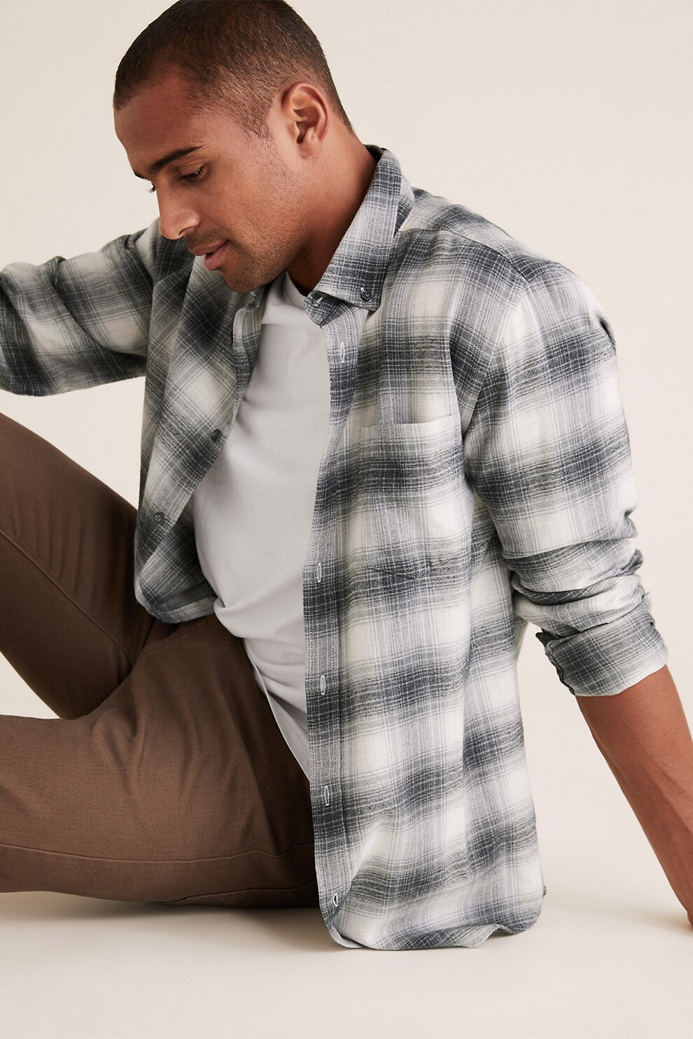 Marks & Spencer, Camasa regular fit de bumbac cu imprimeu, Alb/Gri