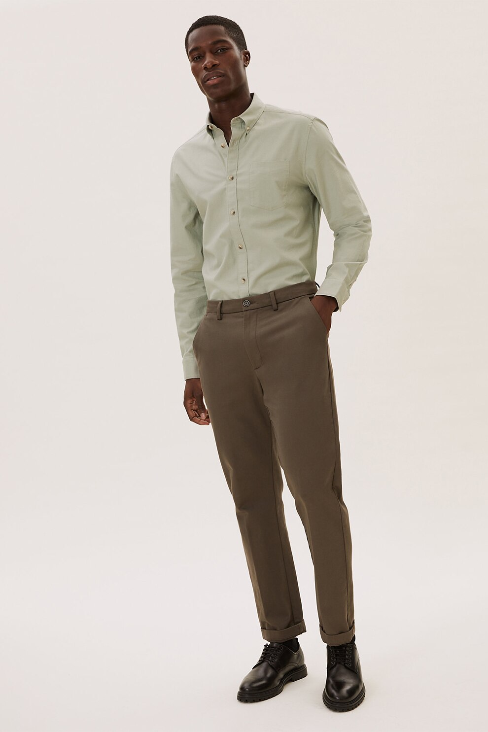 Marks & Spencer, Camasa regular fit de bumbac cu buzunar pe piept, Verde pal, XL