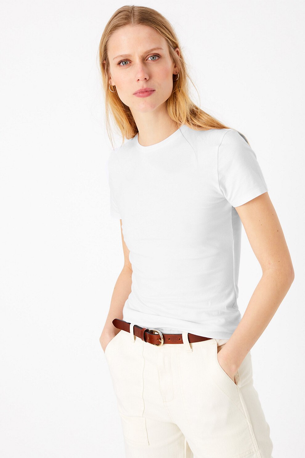 Marks & Spencer, Tricou slim fit cu decolteu la baza gatului, Alb