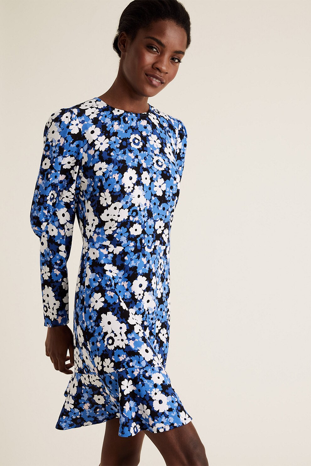 Marks & Spencer, Rochie cu maneci lungi si model floral, Albastru/Alb, 42