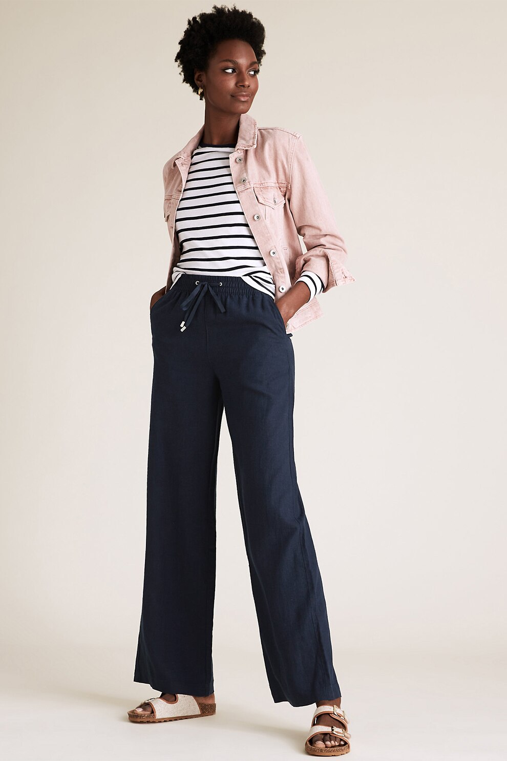 Marks & Spencer, Pantaloni din amestec de in cu croiala ampla, Bleumarin