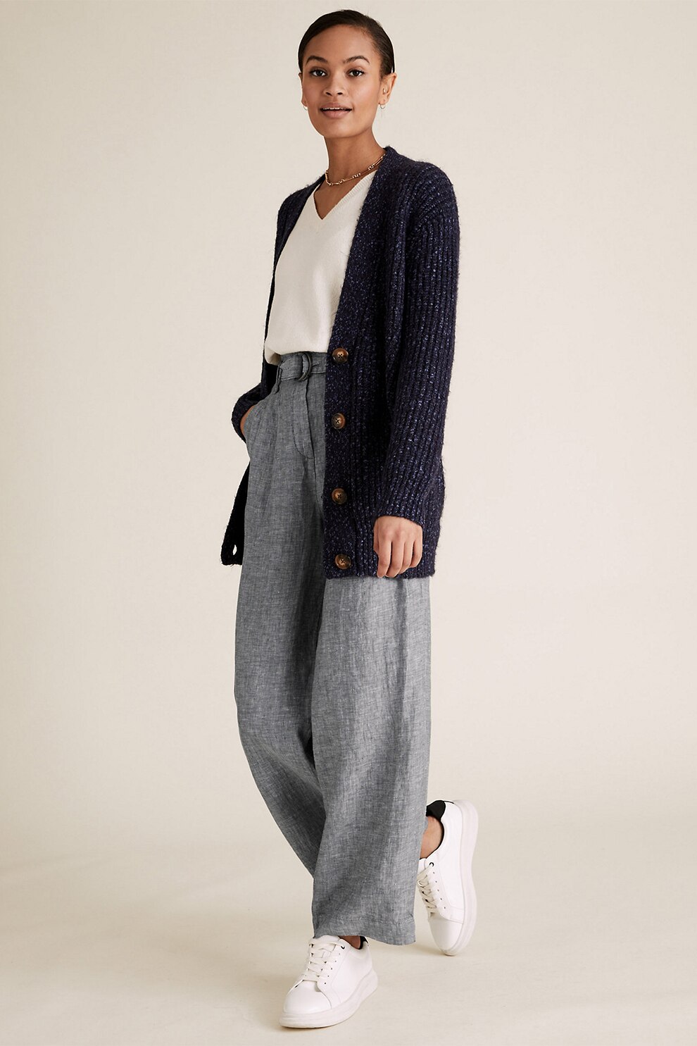 Marks & Spencer, Pantaloni de in cu o croiala ampla, Gri melange, W24-L31