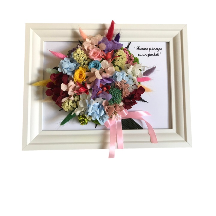 Tablou buchet licheni si flori criogenate, cu rama, print digital, dreptunghi, 30x25 cm