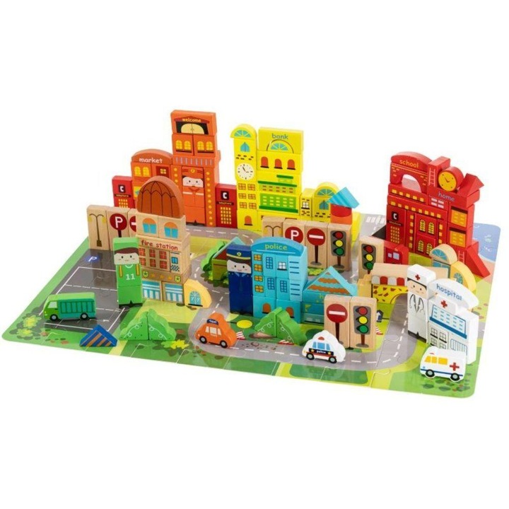 Fa készségfejlesztő építőkocka készlet, puzzle szőnyeggel, 196 db