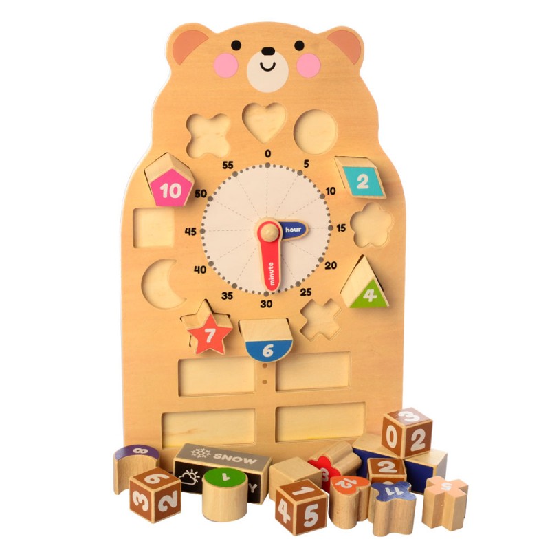 Ceas multifunctional, puzzle incastru, forme geometrice, model ursulet
