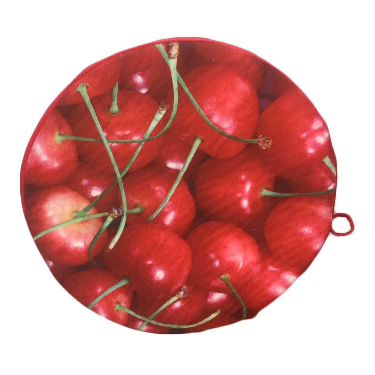 Perna decor, 2 fete, diametru 37 cm, poliester, imprimeu imitatie cirese, husa fermoar, grosime 6.5 cm, gramaj 200 g