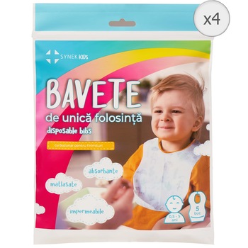 Bavete de unica folosinta cu buzunar firimituri Synek, 0.5 - 5 ani, 4 pachete x 5, 20 buc Bavete de unica folosinta cu buzunar firimituri Synek, 0.5 - 5 ani, 4 pachete x 5, 20 buc