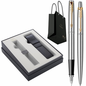 Set Parker Stilou Pix Jotter Royal Stainless Steel GT Personalizat prin Gravura Laser in cutie cu etui Parker Focus Collection si punga Set Parker Stilou Pix Jotter Royal Stainless Steel GT Personalizat prin Gravura Laser in cutie cu etui Parker Focus Collection si punga