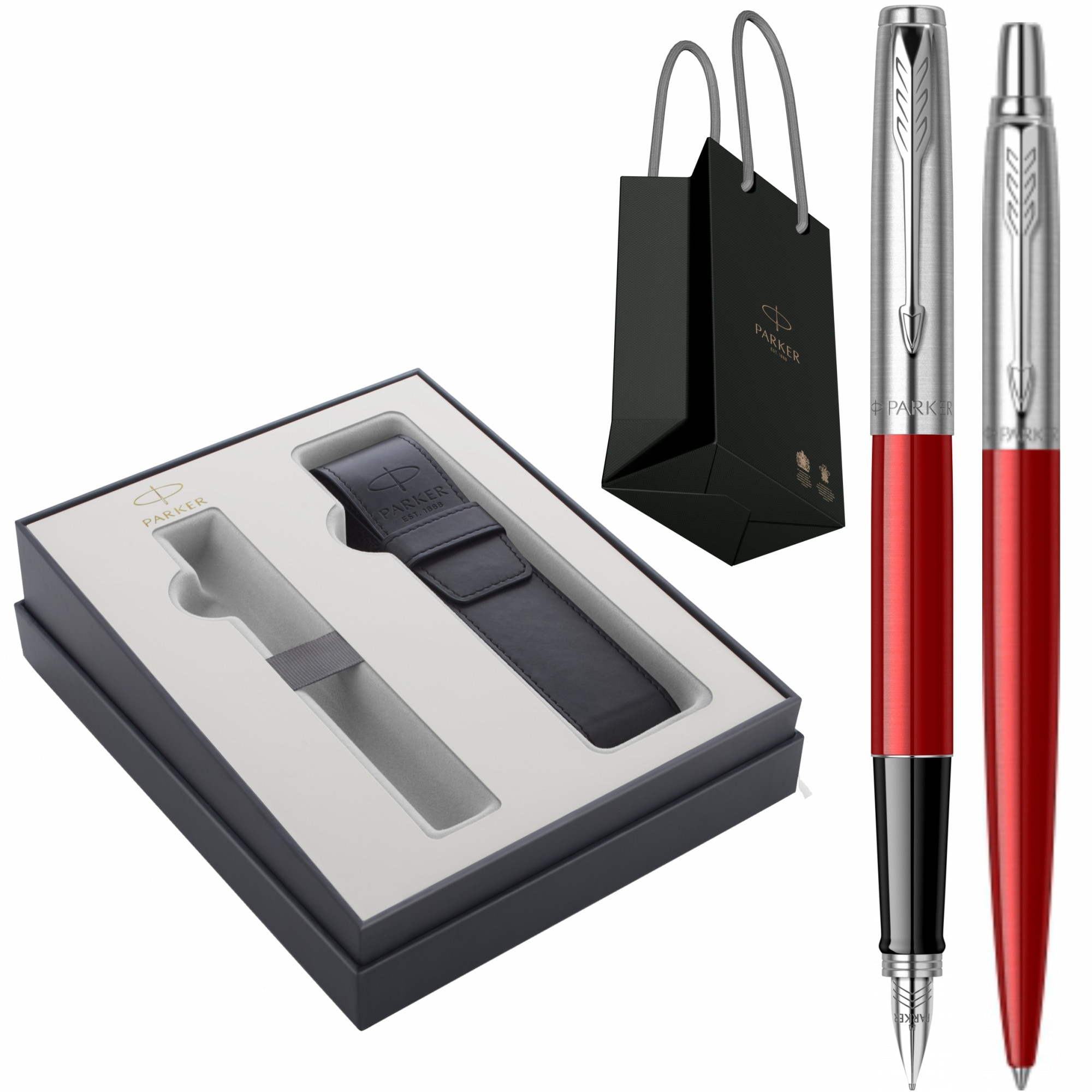 Set Parker Stilou Pix Jotter Royal Kensington Red CT Personalizat prin Gravura Laser in cutie cu etui Parker Focus Collection si punga