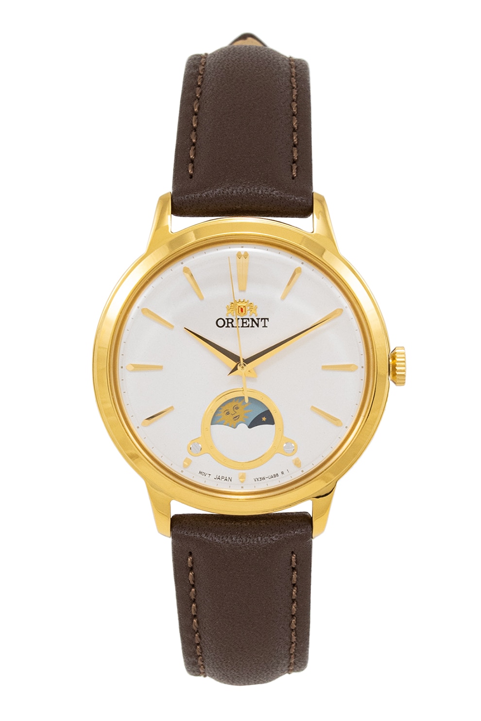 ORIENT, Ceas quartz cu o curea de piele, maro inchis, alb, auriu