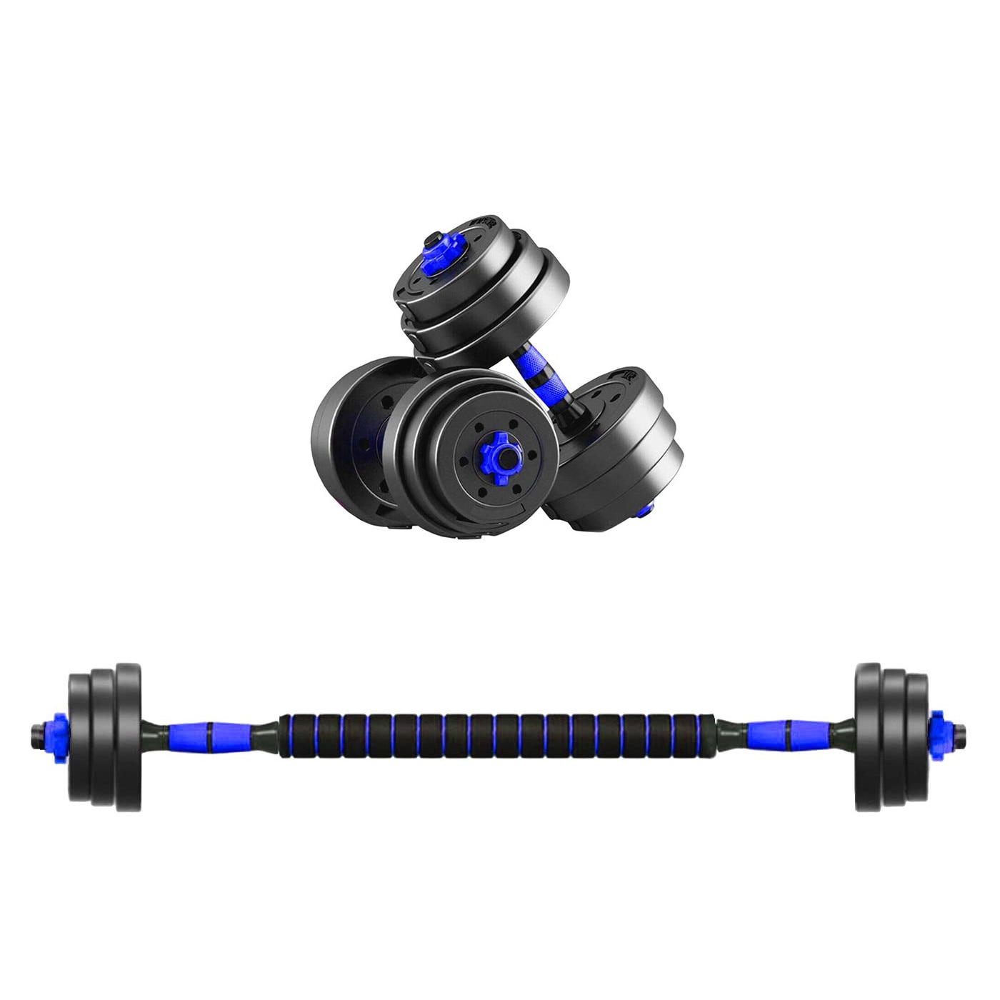 Set haltera si 2 gantere Cast Iron, 20 Kg, reglabile, metal si ABS, Negru/Albastru