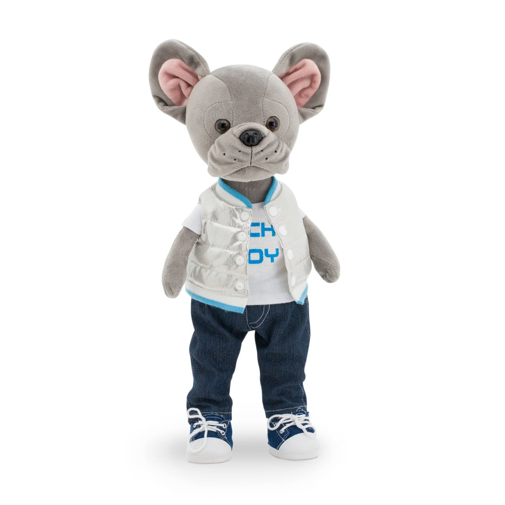 Jucarie din plus, Orange Toys, Catelusa Lucky Maxx, Super Style, 25 cm, Alb/Albastru/Gri