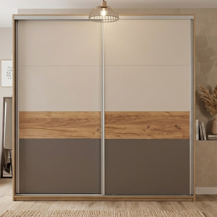 Dressing cu usi culisante, Stejar Urban/ Cappuccino/ Gold/ Grej, H230 x L230 x A60 cm PAL 18 mm Sistem culisare Hafele premium
