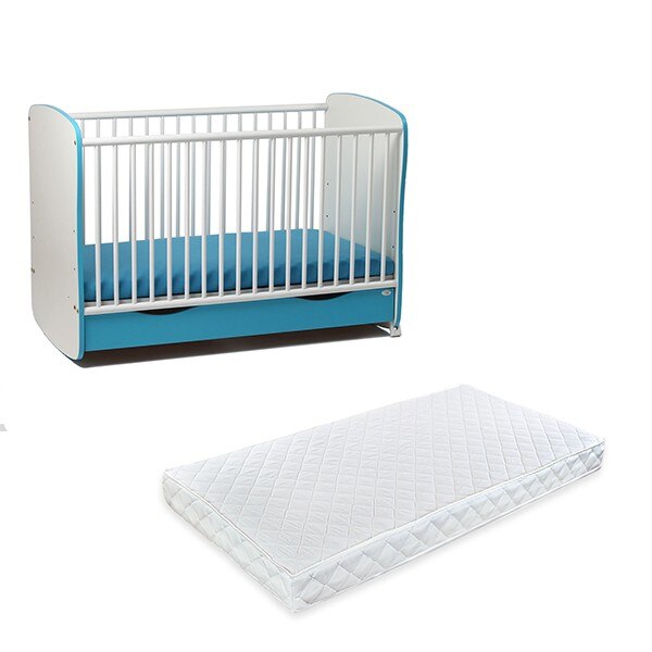 Patut din lemn cu sertar si leganare Turqouise + Saltea 8 cm