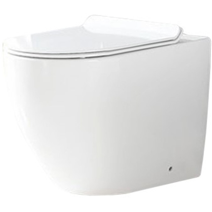 Toaleta suspendata, Rea, Carlo mini rimless, Alba, Ovala, Ceramica, Suspendata, Dimensiuni 48 x 37 x 37 cm, Inchidere lenta, Set 2 bucati (toaleta + capac)