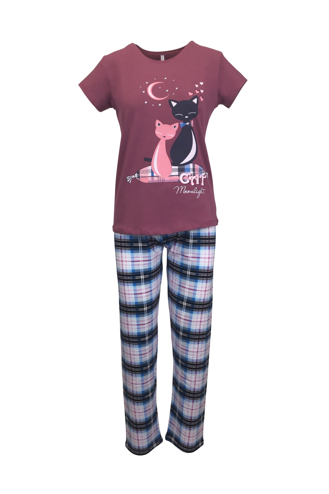 Pijama dama, Univers Fashion, bluza mov cu imprimeu pisici si pantaloni albastru