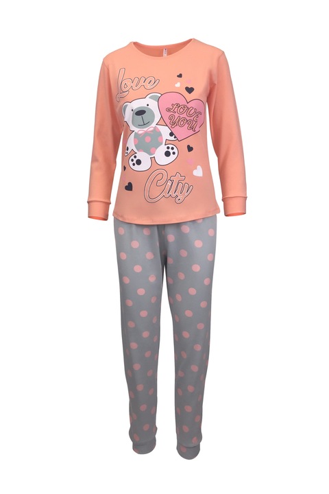 Pijama dama, Univers Fashion, bluza oranj cu imprimeu ursulet si pantaloni gri