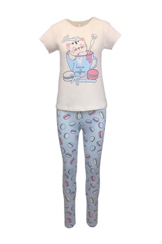Pijama dama, Univers Fashion, bluza bej cu imprimeu pisica si colanti albastru deschis Pijama dama, Univers Fashion, bluza bej cu imprimeu pisica si colanti albastru deschis