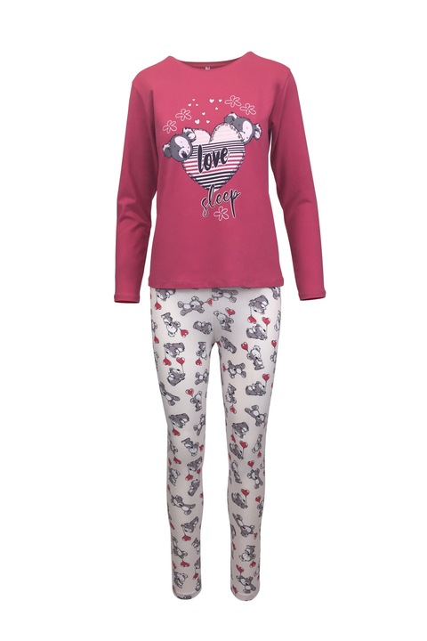 Pijama dama, Univers Fashion, bluza fucsia cu imprimeu "love sleep" si colanti bej