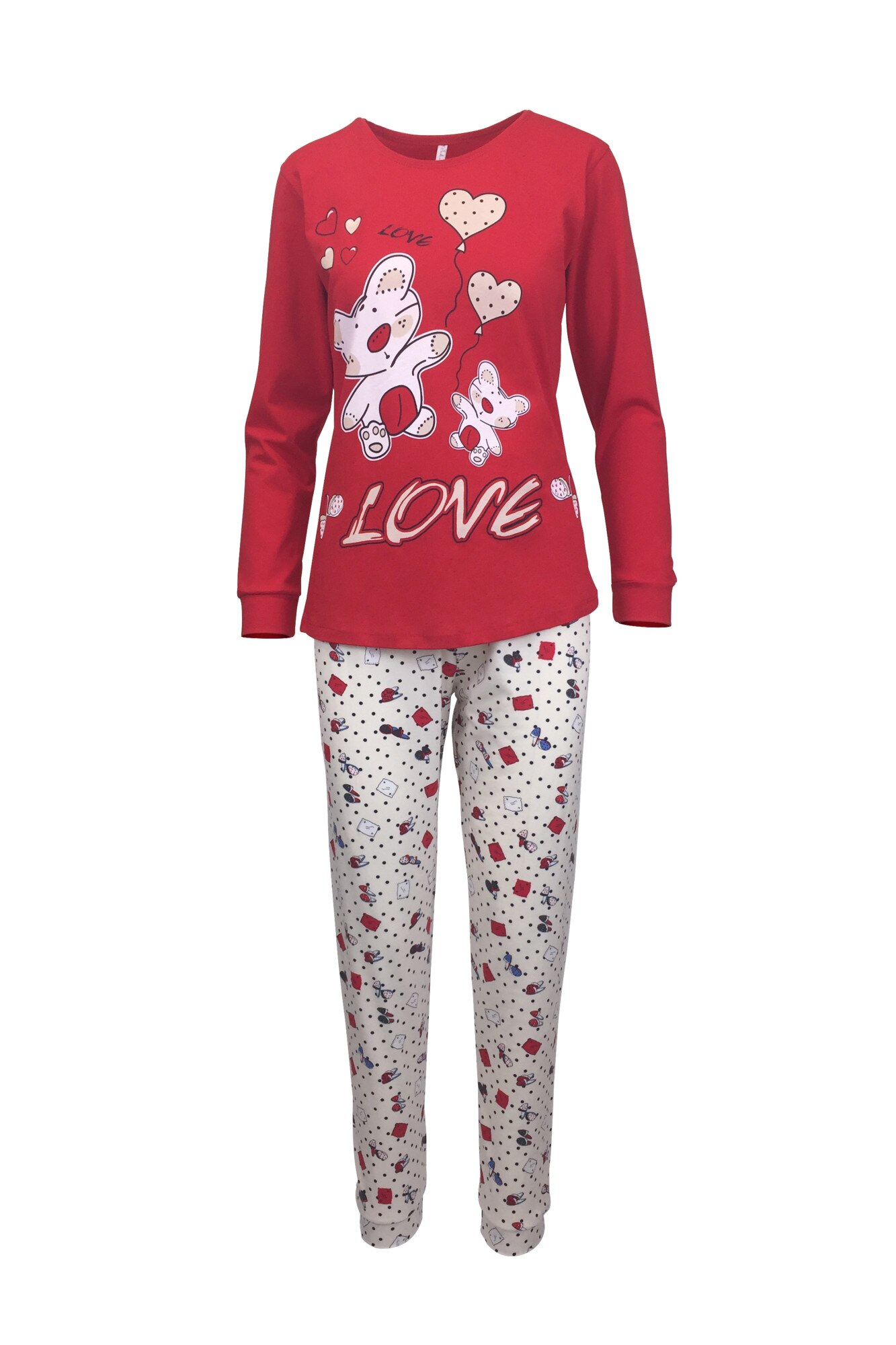 Pijama dama, Univers Fashion, bluza rosu cu imprimeu ursuleti si pantaloni bej