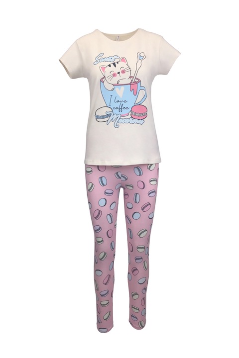 Pijama dama, Univers Fashion, bluza bej cu imprimeu pisica si colanti roz