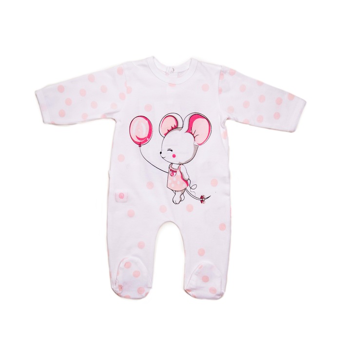 Salopeta Babybol bebe fetita, imprimeu soricel, alb/roz, Alb/Roz, 62 CM