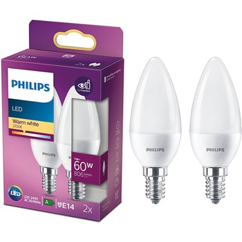 Pachet 2 becuri LED Philips, lumanare/lustra, EyeComfort, B38, E14, 7W (60W), 806 lm, lumina alba calda (2700K) Pachet 2 becuri LED Philips, lumanare/lustra, EyeComfort, B38, E14, 7W (60W), 806 lm, lumina alba calda (2700K)