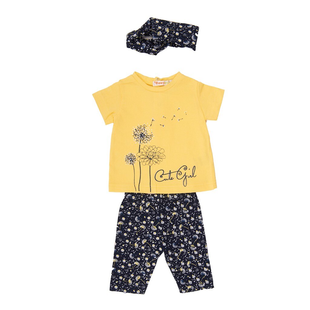 Set 3 piese Babybol fete, tricou cu colant si bandana, Galben/Bleumarin
