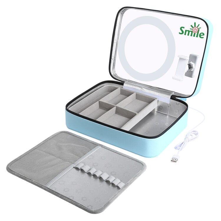 Cutie multifunctionala de machiaj din piele cu clema de telefon si lumina led 20 cm