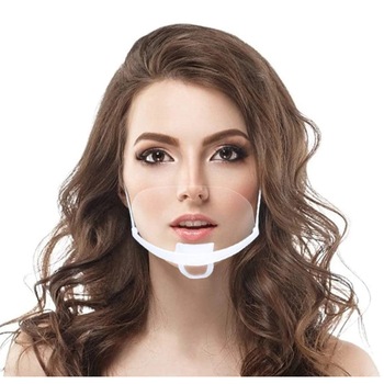 Set 8 Masti transparente reutilizabile pentru gura si nas, cu suport pentru barbie si elastic, bandou alb, Neo Horeca Set 8 Masti transparente reutilizabile pentru gura si nas, cu suport pentru barbie si elastic, bandou alb, Neo Horeca