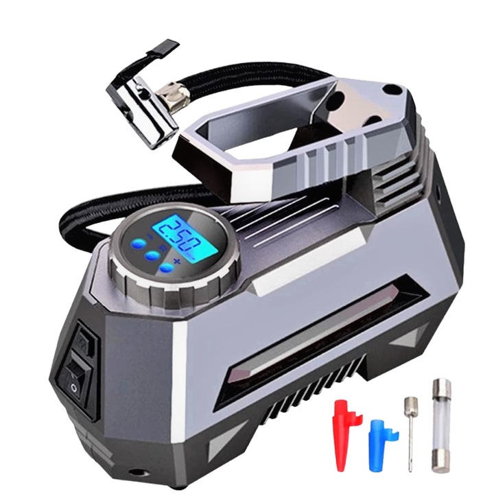 Compresor Auto 12V Dc-150 Psi, Putere nominala 120W, Manometru Digital,3 adaptoare valva incluse, Lanterna Led de urgenta, Silver