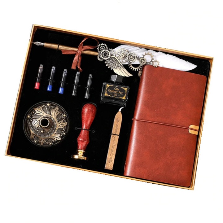 Set stilou pana cu suport si calimara, carnetel si stampila, tip cadou