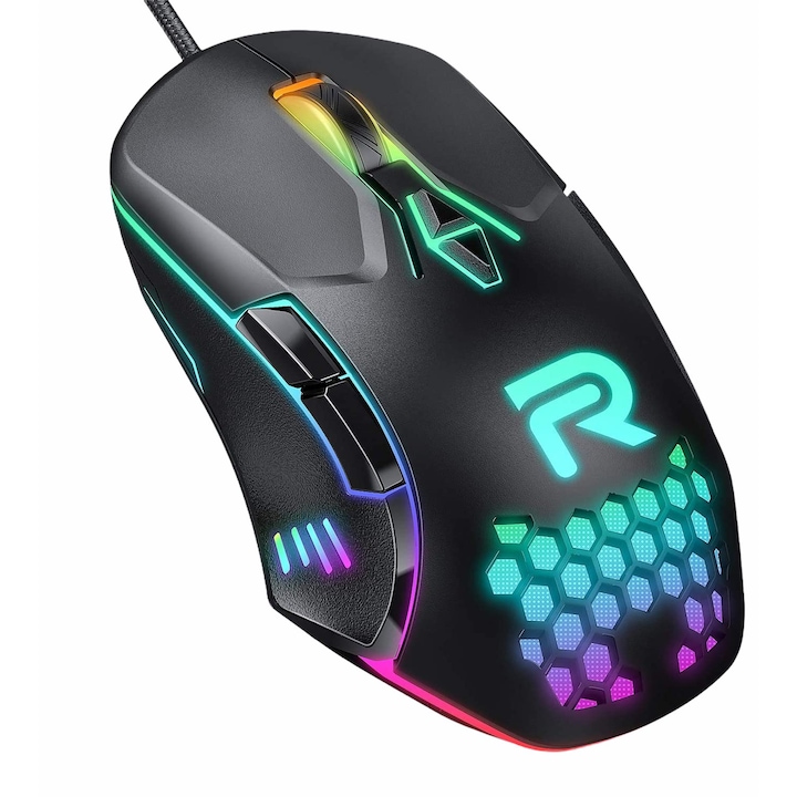 Mouse Gaming profesional Runmus® CW902, 6500 DPI 6 trepte, Iluminare RGB, 7 Butoane, programabil, software inclus, USB 3.0, Negru