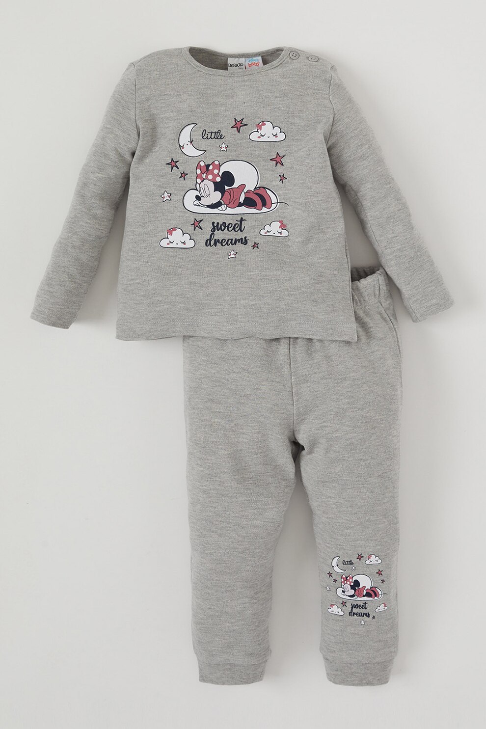 DeFacto, Pijama cu imprimeu Minnie Mouse, Gri melange, 74-80 CM