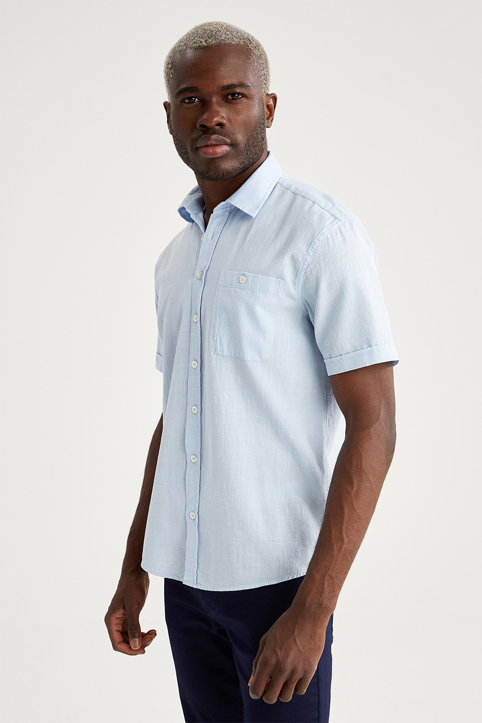 DeFacto, Camasa regular fit din bumbac cu buzunar aplicat pe piept, Albastru azur