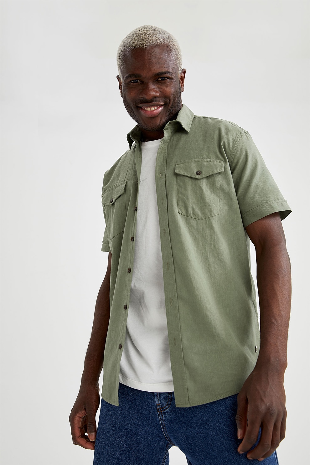 DeFacto, Camasa de bumbac cu buzunare aplicate, Verde sparanghel