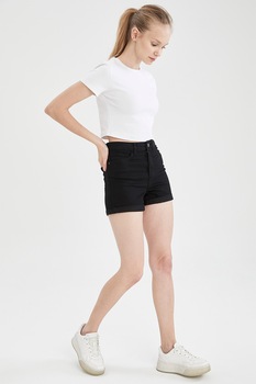 DeFacto, Pantaloni scurti slim fit din denim cu talie medie, Negru DeFacto, Pantaloni scurti slim fit din denim cu talie medie, Negru