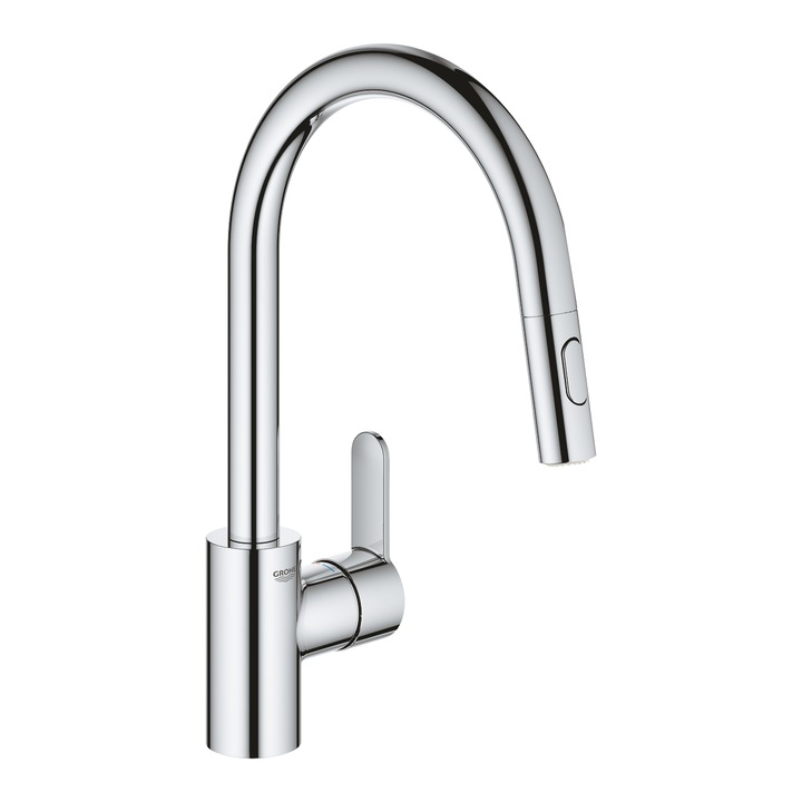 Смесител Grohe, Eurostyle Cosmopolitan, кухненски смесител, 35 mm керамичен картуш, EasyDock сигурява лесно и плавно прибиране в начална позиция, изолирани вътрешни водни пътища - без олово и никел, издърпващ се душ Dual, превключвател