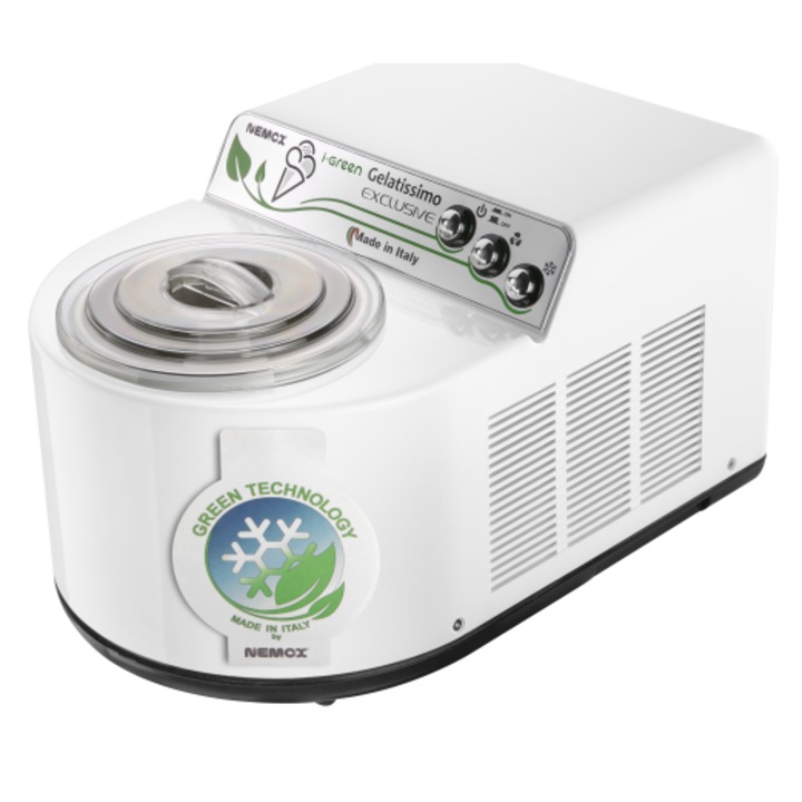 Masina pentru preparat inghetata/sorbet/granita/frozen yogurt Nemox, Gelatissimo Exclusive i-Green, tehnologie compresor, capacitate preparare 1 kg, capacitate recipient 1.7 l, ciclu preparare 15-20 min, bol fix/detasabil din otel inoxidabil, alb