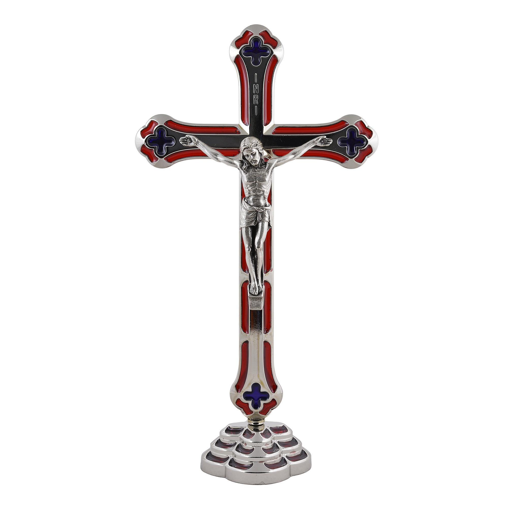 Cruce sculptata manual, emailata, cu corpul placat cu argint - Iisus rastignit pe cruce, postament, rosu - 15x8 cm, 1/2