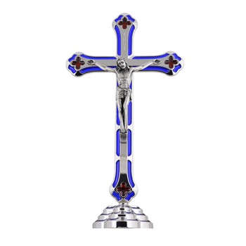 Cruce sculptata manual, emailata, cu corpul placat cu argint - Iisus rastignit pe cruce, postament, albastru - 20x11 cm, 2/2 Cruce sculptata manual, emailata, cu corpul placat cu argint - Iisus rastignit pe cruce, postament, albastru - 20x11 cm, 2/2