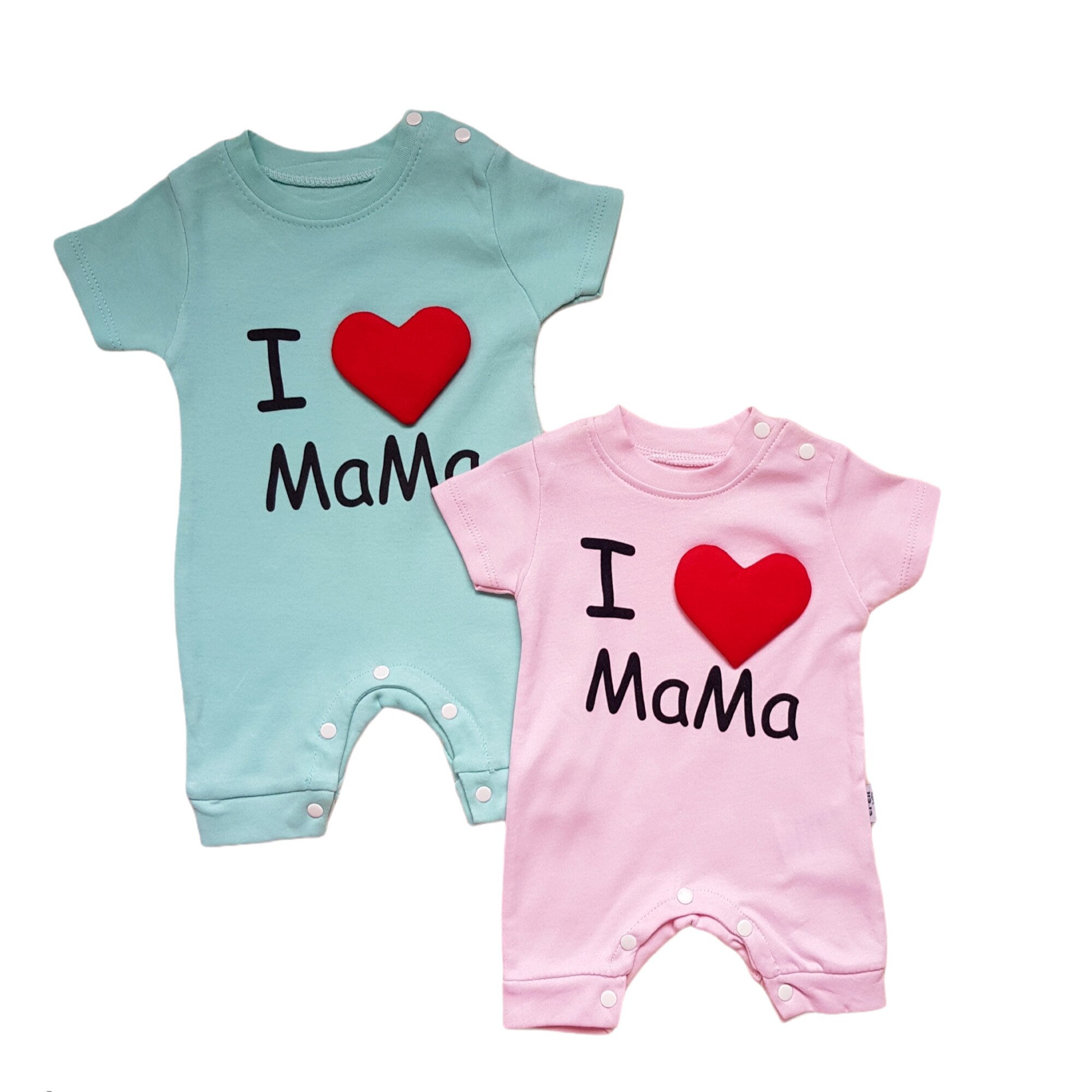 Set 2 salopete de vara de bumbac, fete, Melisa, imprimeu text I love mama, Verde/Roz