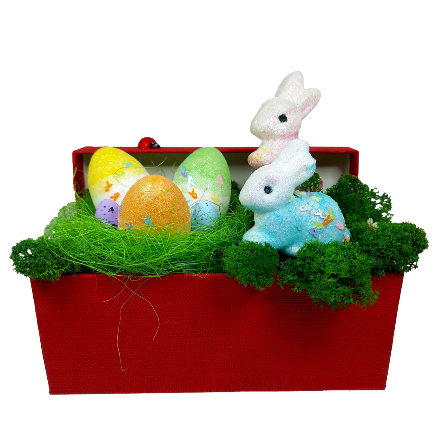 Decoratiune ArtDeco Paste Familie de iepurasi si oua, cu licheni stabilizati, dimensiuni 17 cm inaltime, 19 cm lungime si 12 cm latime
