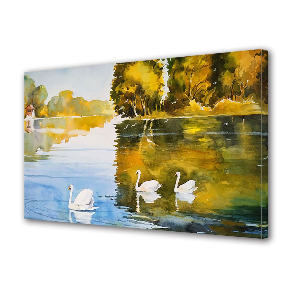 Tablou Canvas Premium ArtDeco, Lebede pictate pe lacul cristalin, Panza pe cadru de lemn, Decoratiuni Moderne pentru Casa, 40 x 60 cm