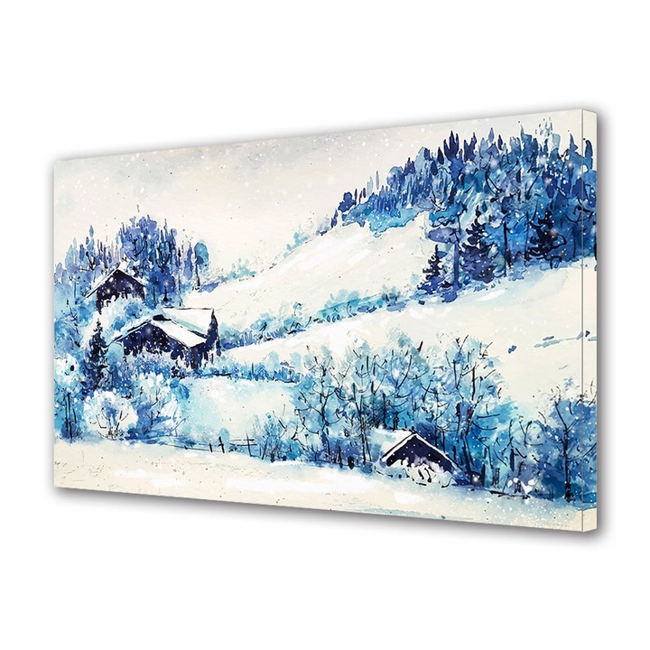Tablou Canvas Premium ArtDeco, Cabane la munte iarna, Panza pe cadru de lemn, Decoratiuni Moderne pentru Casa, 30 x 45 cm