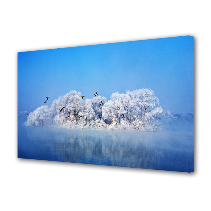 Tablou Canvas Fosforescent, Luminos in Intuneric, Premium, Art Star, Copaci inzapeziti si pasari zburand, Peisaje, Panza pe cadru de lemn, Decoratiuni Moderne pentru Casa, 20 x 30 cm