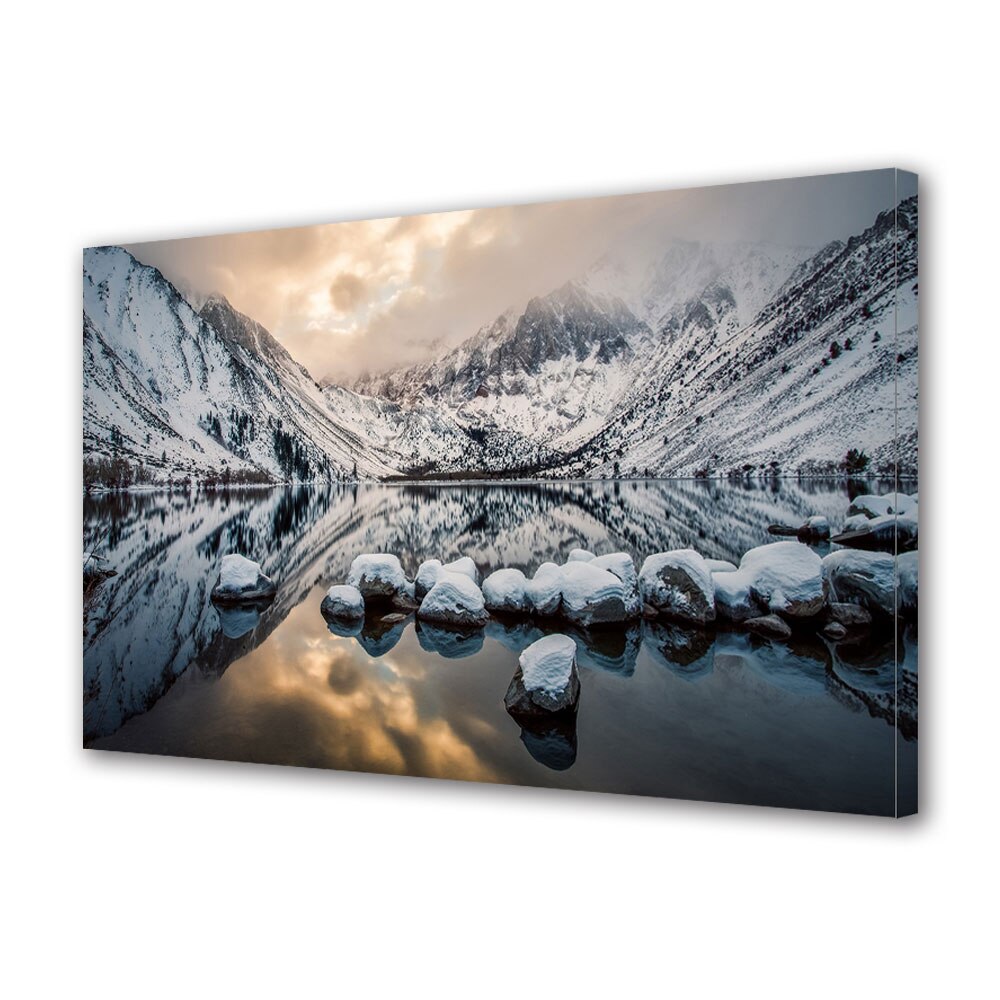 Tablou Canvas Premium ArtDeco, Munti inzapeziti in oglinda, Panza pe cadru de lemn, Decoratiuni Moderne pentru Casa, 80 x 160 cm