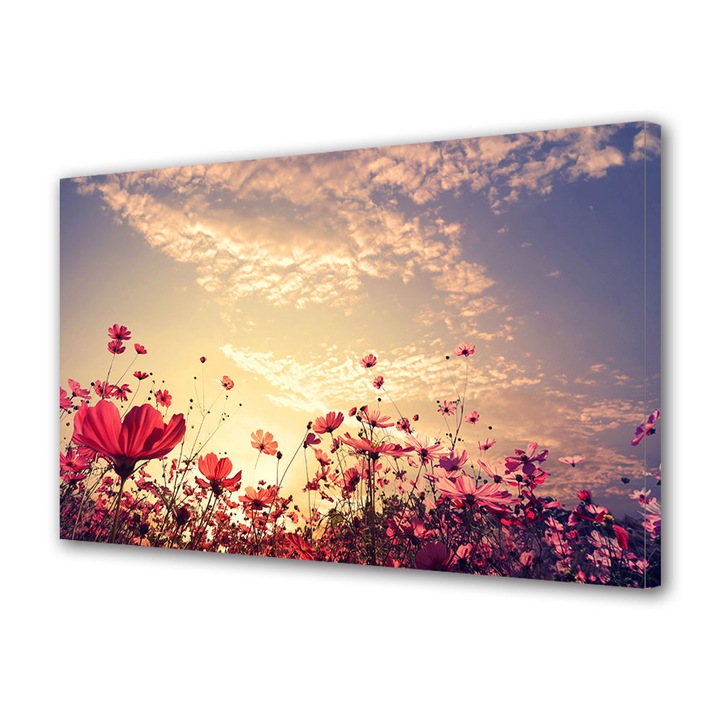 Tablou Canvas Fosforescent, Luminos in Intuneric, Premium, Art Star, Flori rosii sub cerul de foc, Peisaje, Panza pe cadru de lemn, Decoratiuni Moderne pentru Casa, 40 x 60 cm