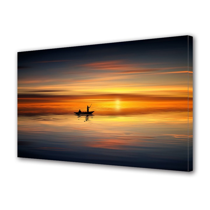 Tablou Canvas Fosforescent, Luminos in Intuneric, Premium, Art Star, Cu barca pe apa la apus, Peisaje, Panza pe cadru de lemn, Decoratiuni Moderne pentru Casa, 60 x 90 cm