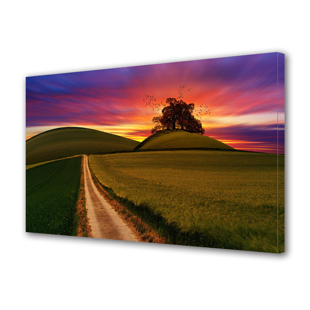 Tablou Canvas Premium ArtDeco, Singuri pe deal la apus, Panza pe cadru de lemn, Decoratiuni Moderne pentru Casa, 80 x 120 cm